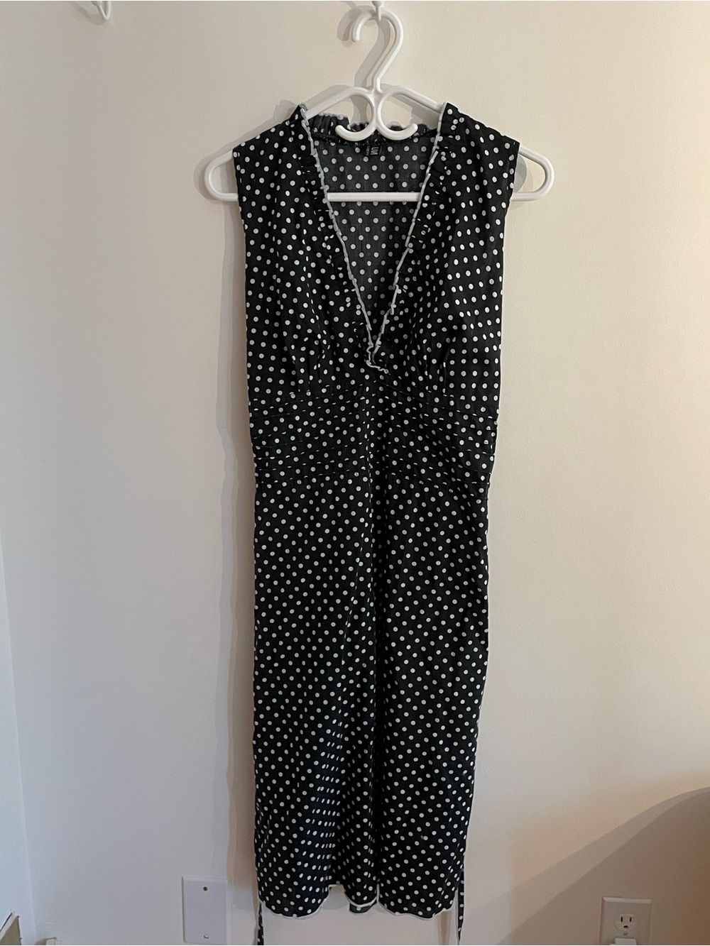 Midi Black & White Polka Dot Dress - Sleeveless V-Neck